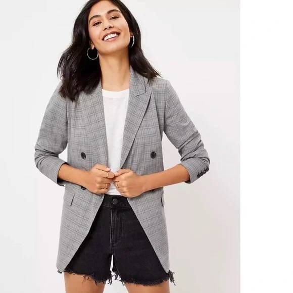 LOFT Jackets & Blazers - NEW LOFT Versa Plaid Seasonless‎ Stretch Double Breasted Blaze Sz 12 Petite Gray